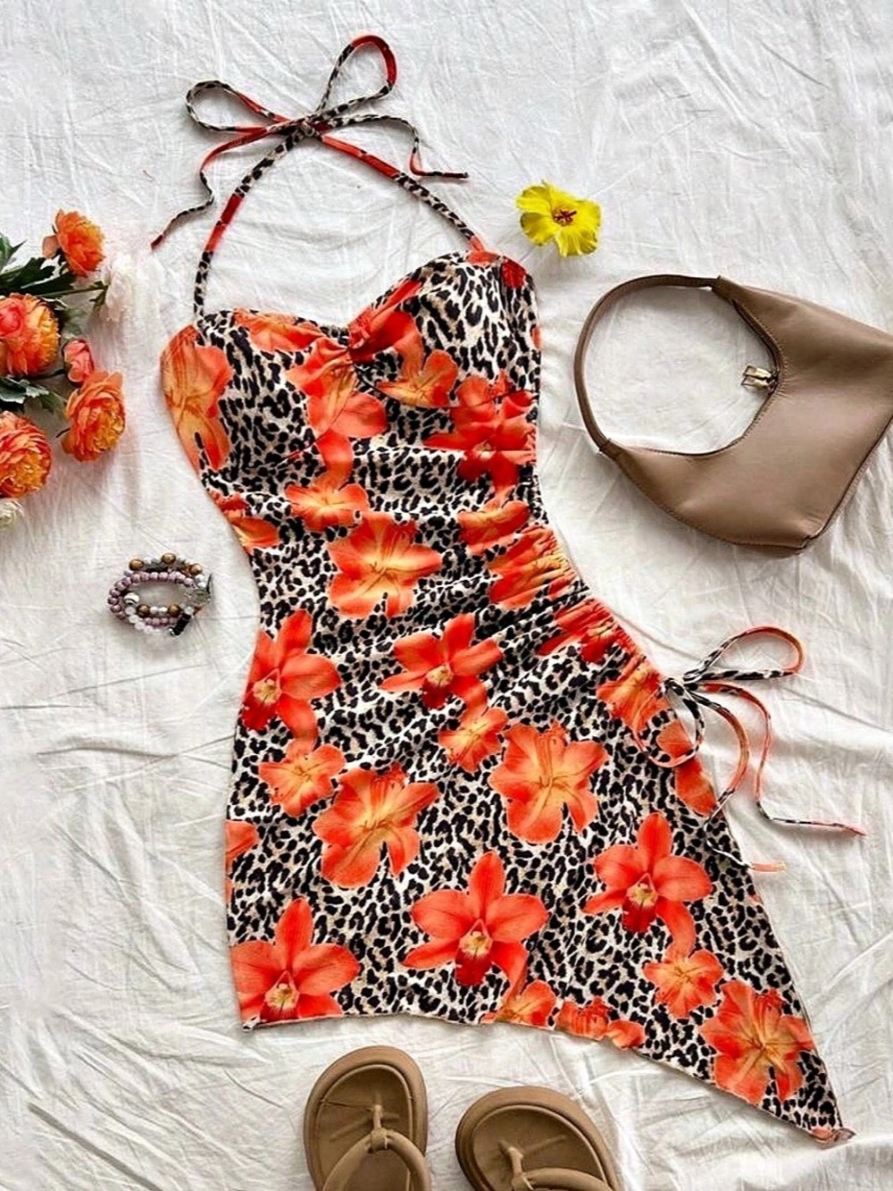Floral Animal Print Asymmetrical Mini Dress